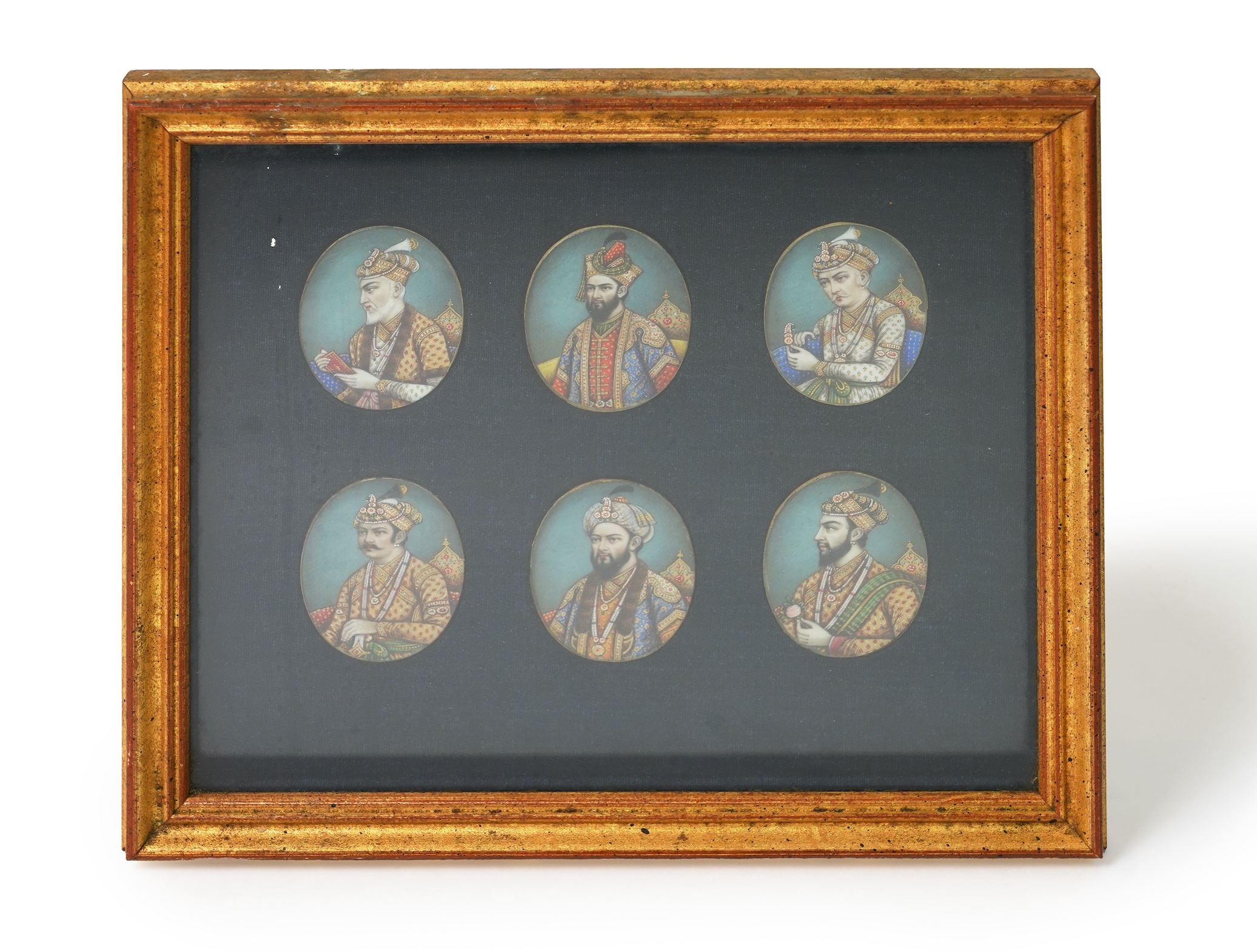 Indian School , (Late 19th century), A set of six portrait miniatures of Mughal rulers, Watercolour on Ivory, Oval, each approximately 6.2cm x 4.8cm
